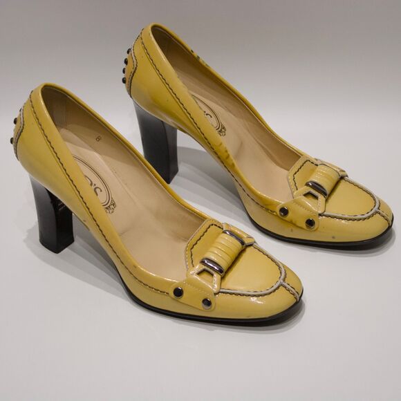 Tod’s Made in Italy Light Yellow Beige Patent Leather Heels Women Size 8 - Picture 5 of 16